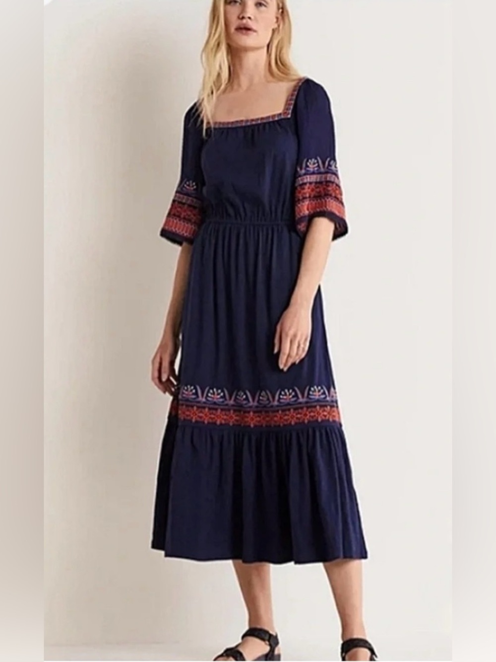 Boden Navy Midi Dress with Red & Pink Embroidery